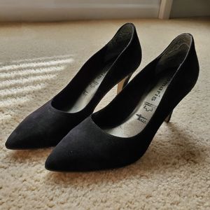 Black suede heel pumps